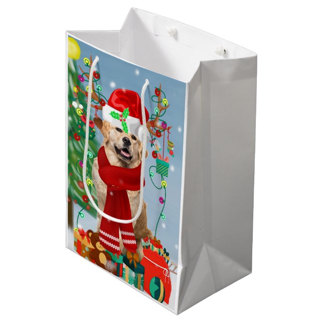 Golden Retriever Dog in Snow with Christmas Gifts  Medium Gift Bag (Front Angled)