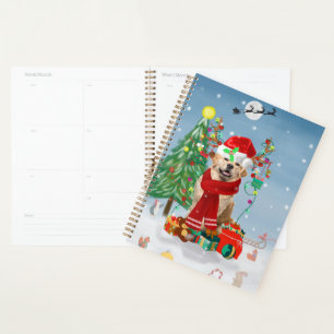 Golden Retriever Dog in Snow with Christmas Gifts  Planner