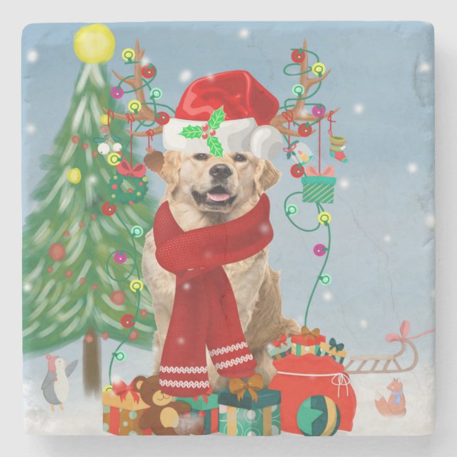 Golden Retriever Dog in Snow with Christmas Gifts  Stone Coaster (Front)