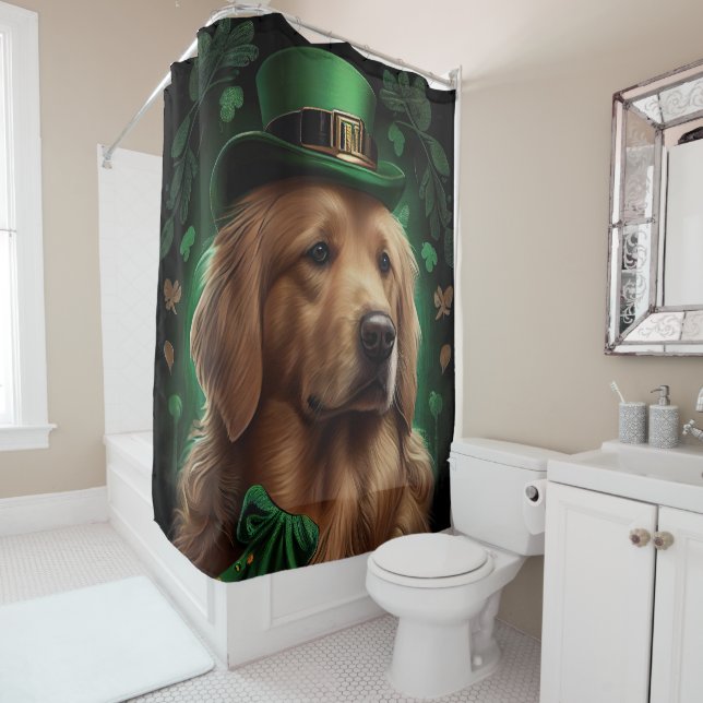 Golden Retriever Dog in St. Patrick's Day Shower Curtain (In Situ)