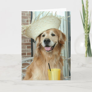 Golden Retriever Dog in Straw Hat Happy Summer Card