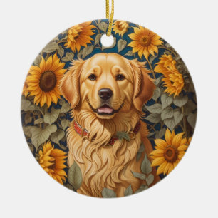 Golden Retriever Dog In Sunflower Field  Ceramic Ornament