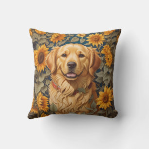 Golden Retriever Dog In Sunflower Field  Cushion
