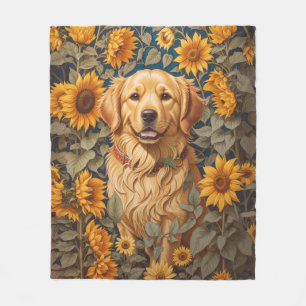 Golden Retriever Dog In Sunflower Field  Fleece Blanket