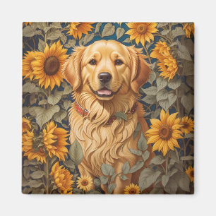 Golden Retriever Dog In Sunflower Field Magnet