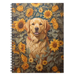 Golden Retriever Dog In Sunflower Field Notebook