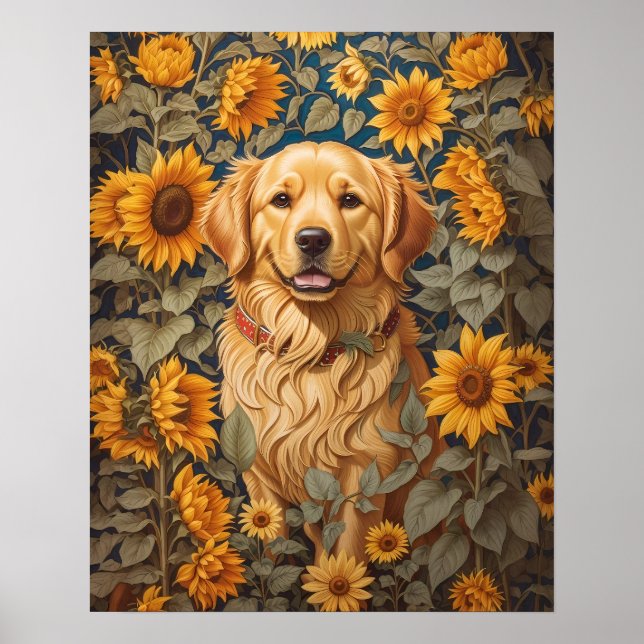 Golden Retriever Dog In Sunflower Field  Poster (Front)