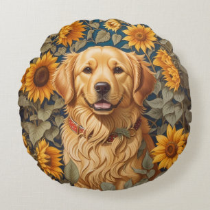 Golden Retriever Dog In Sunflower Field  Round Cushion