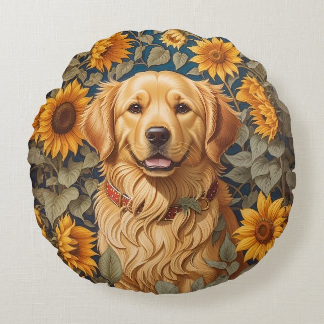 Golden Retriever Dog In Sunflower Field  Round Cushion (Front)