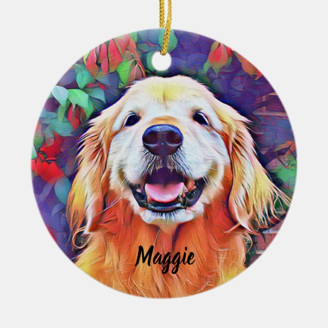 Golden Retriever Dog in Vibrant Colours Christmas Ceramic Ornament (Front)