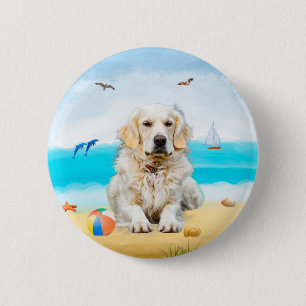 Golden Retriever Dog on Beach 6 Cm Round Badge