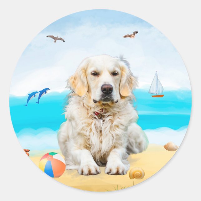Golden Retriever Dog on Beach Classic Round Sticker (Front)