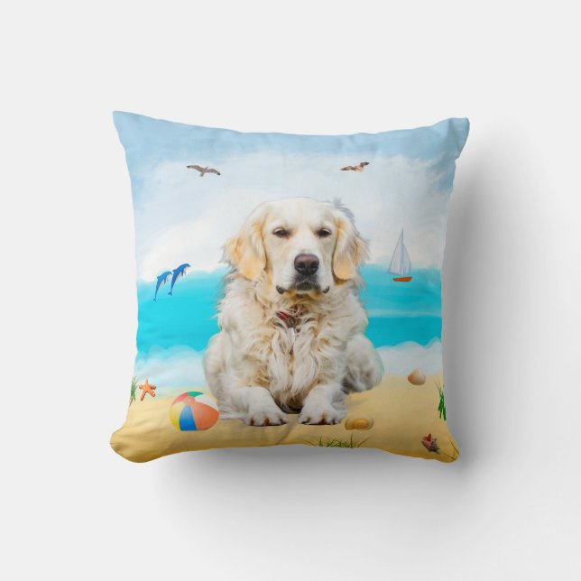 golden retriever Dog on Beach  Cushion (Front)