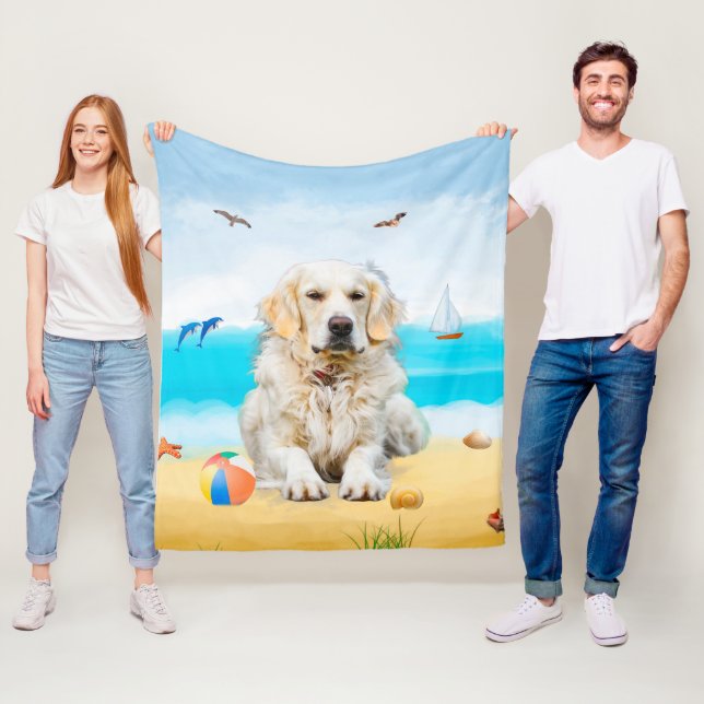 Golden Retriever Dog on Beach Fleece Blanket (In Situ)