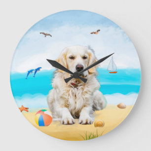 Golden Retriever Dog on Beach Large Clock