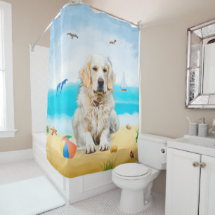 Golden Retriever Dog on Beach Shower Curtain