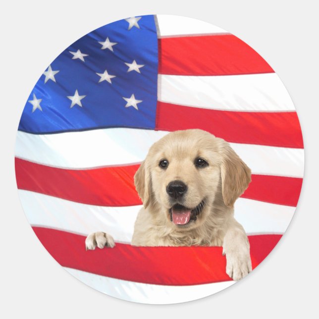 Golden Retriever dog on flag Classic Round Sticker (Front)