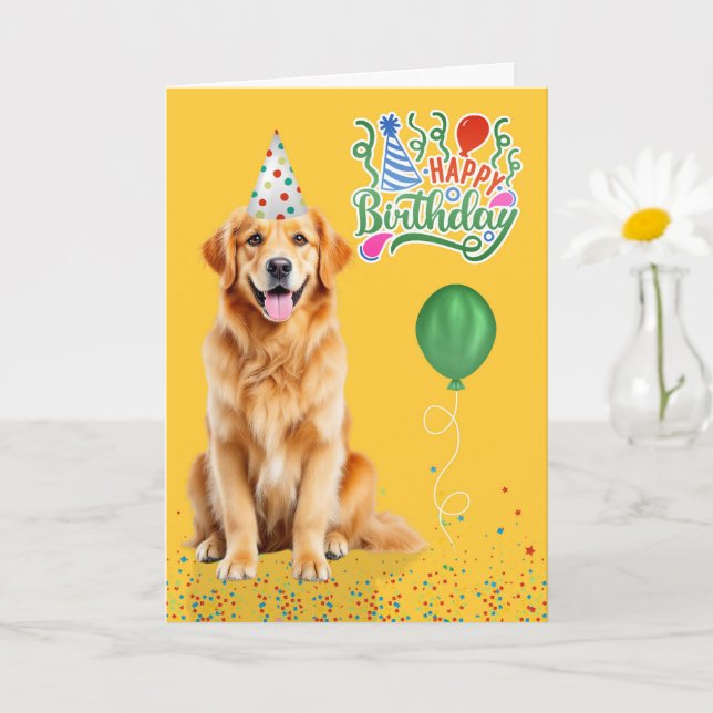Golden Retriever Dog Party Hat Yellow Birthday Card (Small Plant)