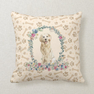 Golden Retriever Dog Paw Print & Floral Cute Cushion