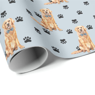 Golden Retriever Dog Paw Print Pattern on Silver Wrapping Paper