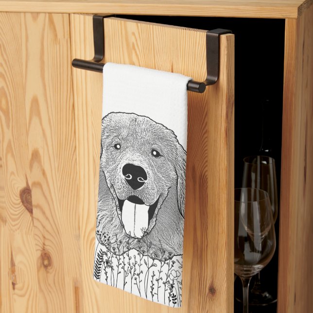 Golden Retriever Dog Personalised Hand Drawing Tea Towel (Thirds Fold)