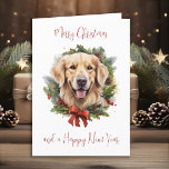 Golden Retriever Dog Personalised Merry Christmas Holiday Card<br><div class="desc">Looking for a festive way to send your holiday greetings this year? Look no further than our Golden Retriever Christmas cards! These cards feature an adorable Golden Retriever pup surrounded by a wreath of holly and berries with a festive bow. The watercolor design adds a touch of whimsy to your...</div>