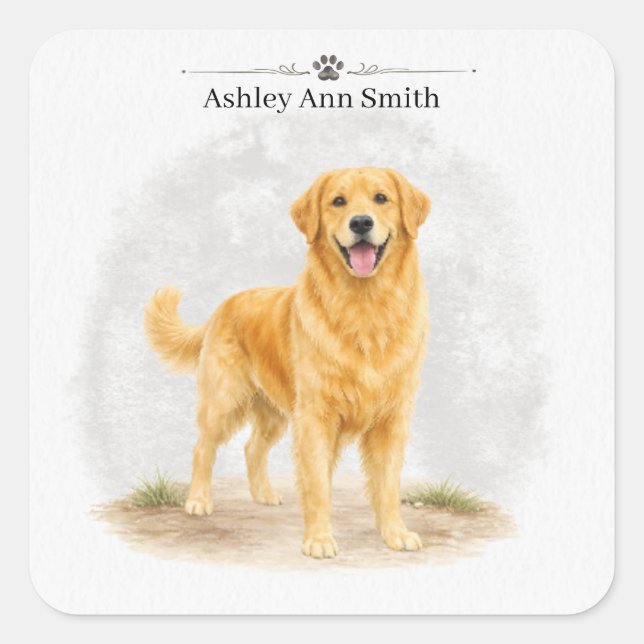 Golden Retriever Dog  Personalised Name Square Sticker (Front)
