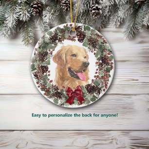 Golden Retriever Dog Pinecone Wreath Personalised Ceramic Ornament