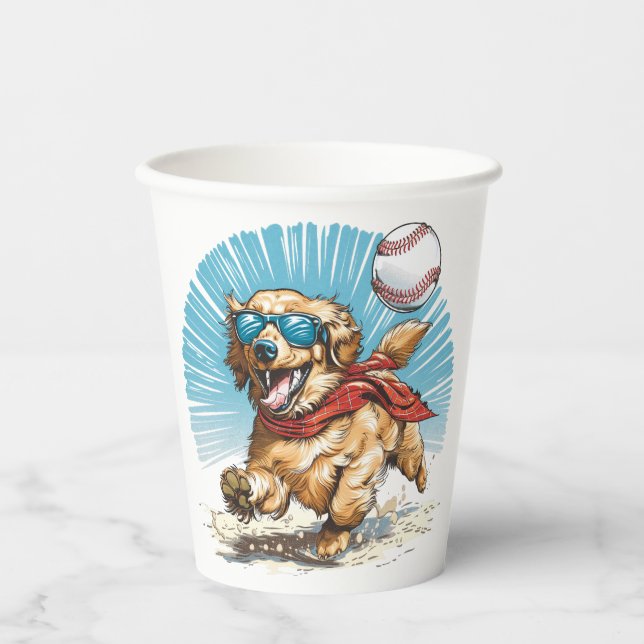 Golden Retriever Dog Playing Baseball Paper Cups (Front)
