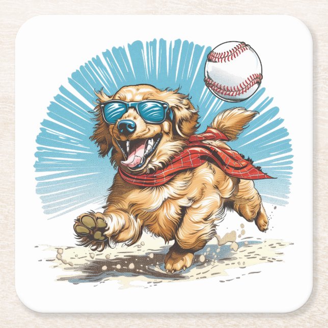 Golden Retriever Dog Playing Baseball Square Paper Coaster (Front)
