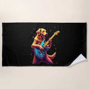 Golden Retriever dog Playing Electric Guitar Rock  Beach Towel