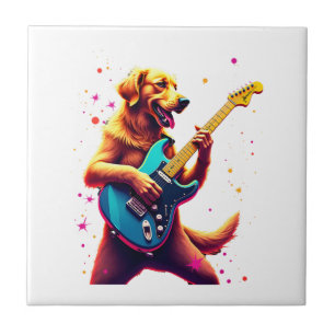 Golden Retriever dog Playing Electric Guitar Rock Ceramic Tile