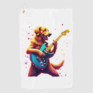 Golden Retriever dog Playing Electric Guitar Rock Golf Towel