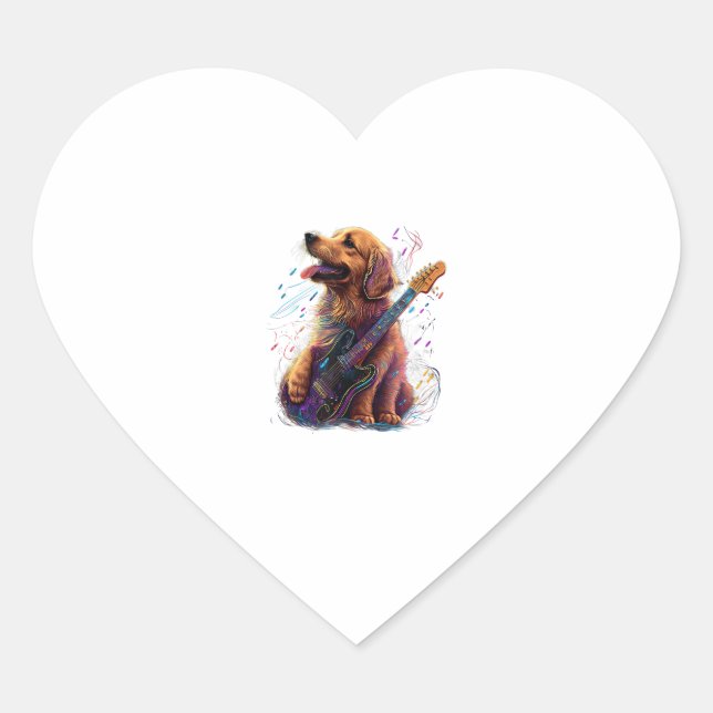 Golden Retriever dog Playing Electric Guitar Rock  Heart Sticker (Front)