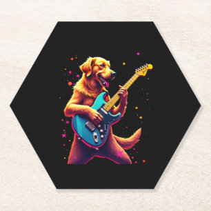 Golden Retriever dog Playing Electric Guitar Rock Paper Coaster