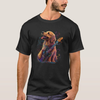 Golden Retriever dog Playing Electric Guitar Rock  T-Shirt