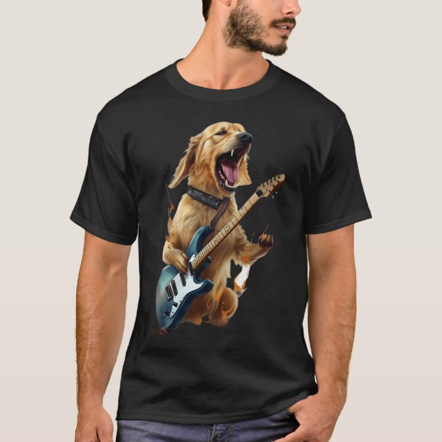 Golden Retriever Dog Playing On Electric Guitar T-Shirt (Front)
