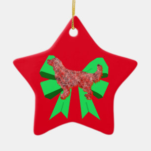 Golden Retriever Dog Red & Green Bow Christmas Ceramic Ornament