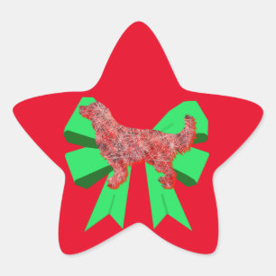 Golden Retriever Dog Red & Green Bow Christmas Star Sticker