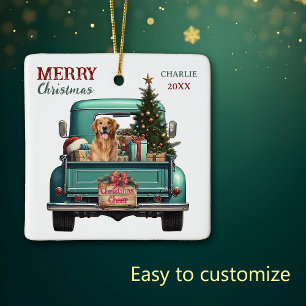 Golden Retriever Dog Retro Truck Christmas Ceramic Ornament