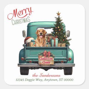Golden Retriever Dog Retro Truck Christmas Square Sticker
