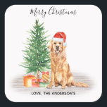 Golden Retriever Dog Santa Tree Merry Christmas Square Sticker<br><div class="desc">Send christmas greetings this holiday season with this Merry Christmas golden retriever santa dog with tree design sticker, and matching decor. This golden retriever holiday sticker features a watercolor dog with santa hat and a holiday tree. Personalise with family name . This golden retriever christmas sticker will be a favourite...</div>