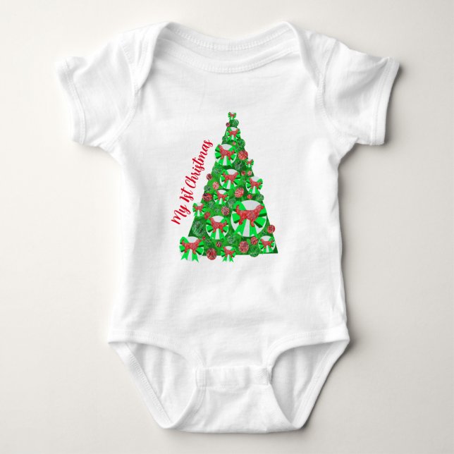 Golden Retriever Dog Silhouette Christmas Tree Red Baby Bodysuit (Front)