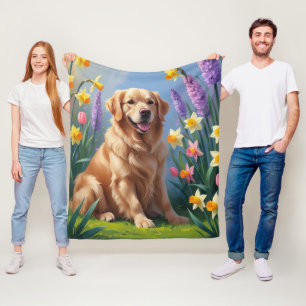 Golden Retriever Dog Spring Flowers Painting Fleece Blanket