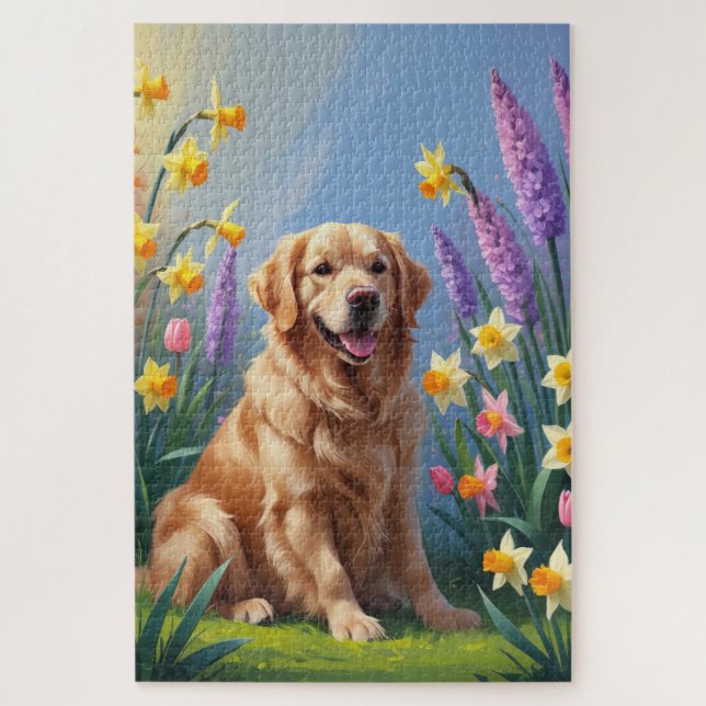 Golden Retriever Dog Spring Flowers Painting Jigsaw Puzzle (Vertical)
