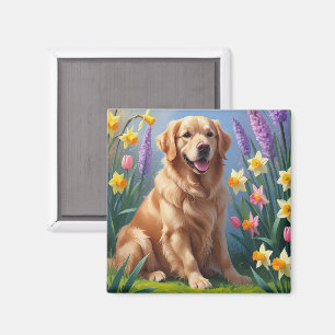 Golden Retriever Dog Spring Flowers Painting Magnet