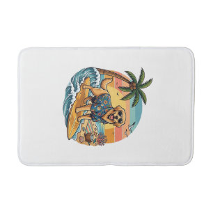 Golden Retriever Dog Surfing Surfboard Sunset Palm Bath Mat