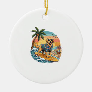 Golden Retriever Dog Surfing Surfboard Sunset Palm Ceramic Ornament