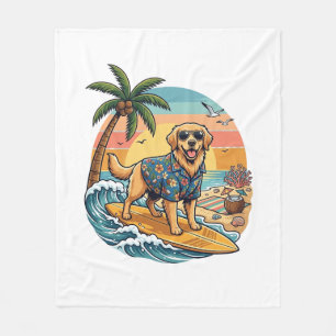 Golden Retriever Dog Surfing Surfboard Sunset Palm Fleece Blanket