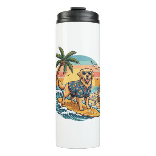 Golden Retriever Dog Surfing Surfboard Sunset Palm Thermal Tumbler